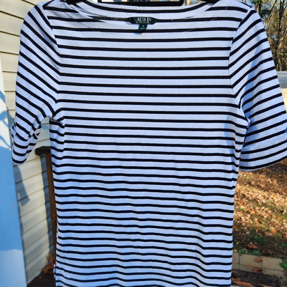LRL Ralph Lauren Woman's Medium Striped Boat Neck Tee White Black Cuffed Sleeve
